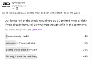 Poll of the Week: Would You Eat 3D Printed Meat or Fish?